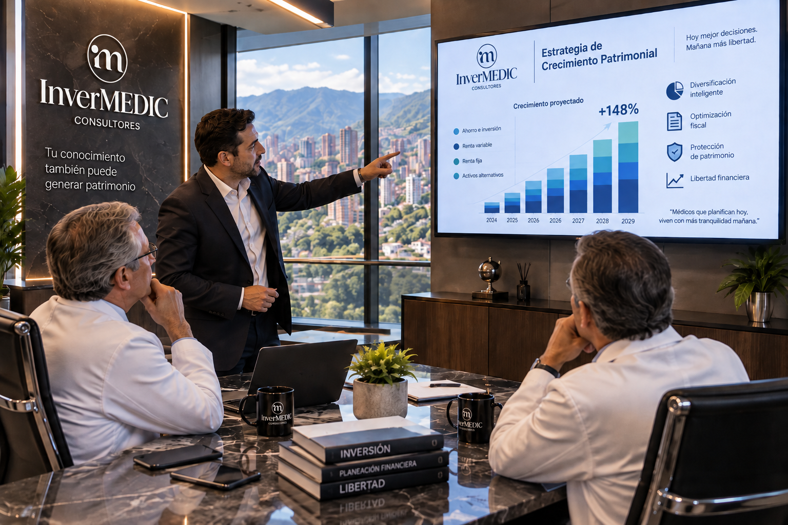 Equipo de consultores financieros de Invermedic en sesión estratégica